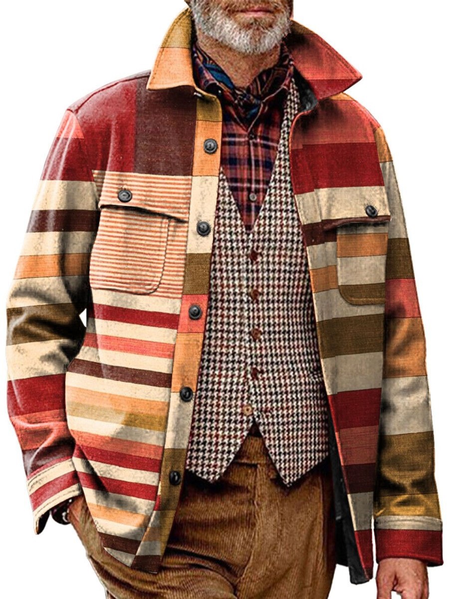 Men BXL Jacket | Men'S Casual Lapel Geometric Color Block Print Double Pocket Jacket 83283172Xl Orange