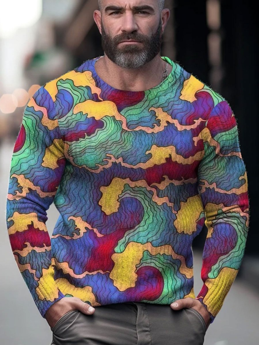 Men BXL Print Sweater | Rainbow Waves Lgbt Print Knit Pullover Sweater Photo Color