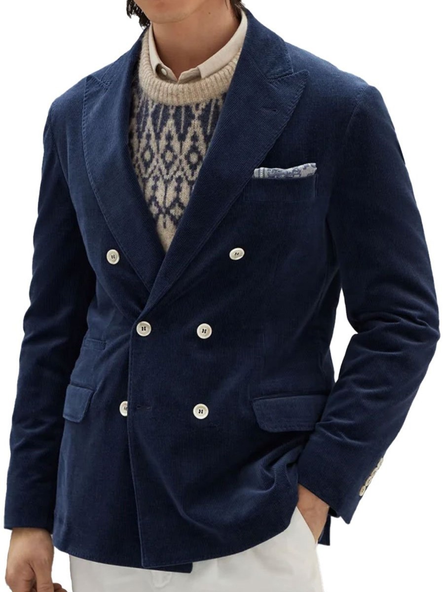 Men BXL Jacket | Vintage Solid Color Corduroy Double-Breasted Multi-Pocket Casual Blazer Dark Blue