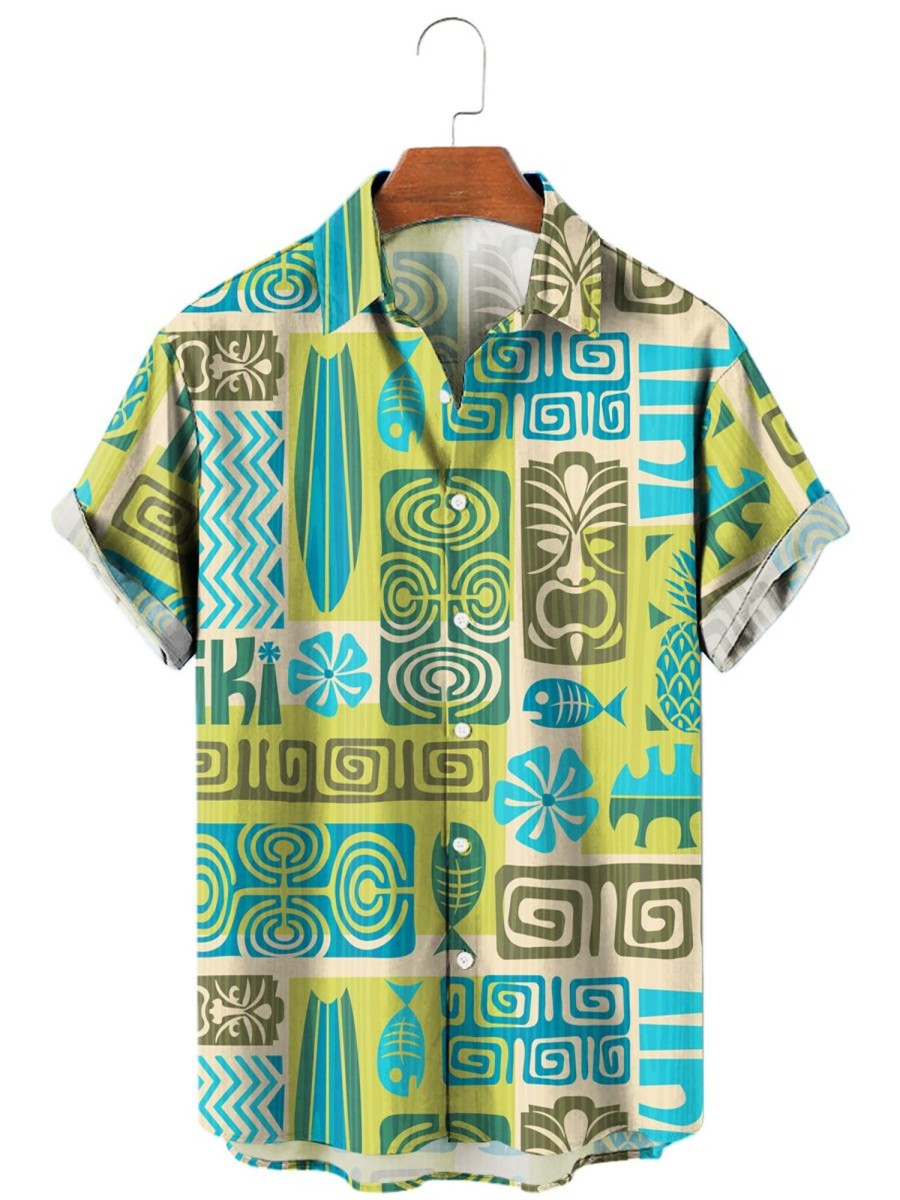 Men HLJ Shirts | Vintage Tiki Resort Style Casual Short Sleeve Shirt Green