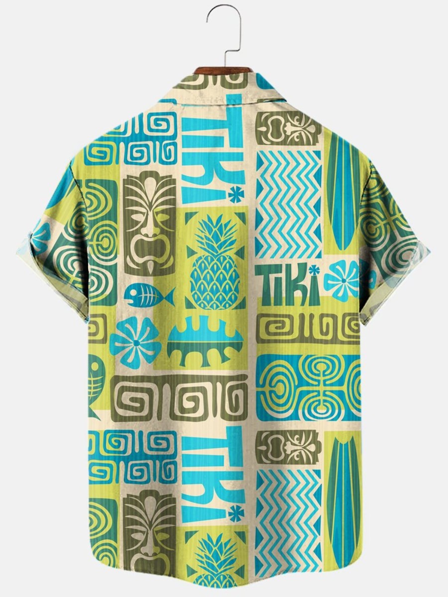 Men HLJ Shirts | Vintage Tiki Resort Style Casual Short Sleeve Shirt Green