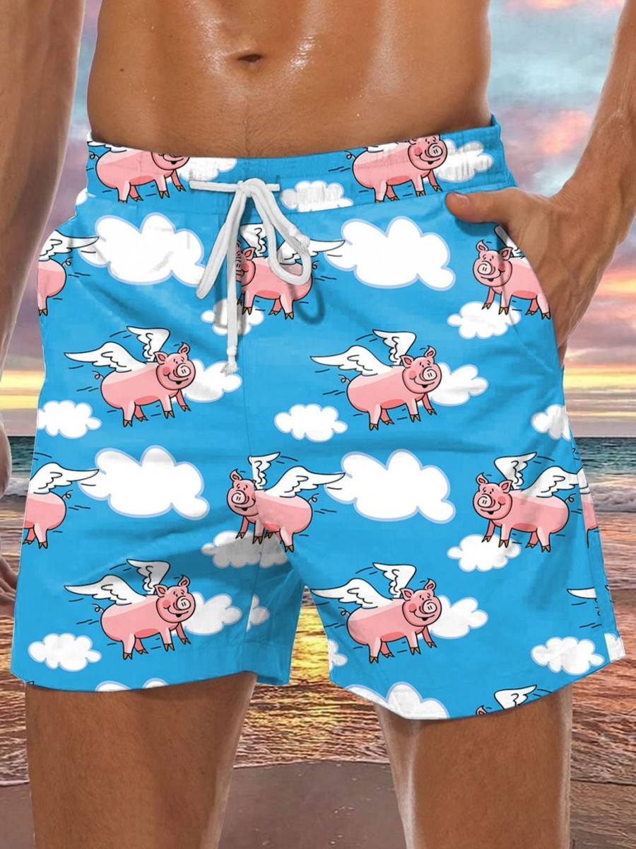 Men DJ Shorts | Cartoon Flying Pig Print Two-Pocket Shorts Blue