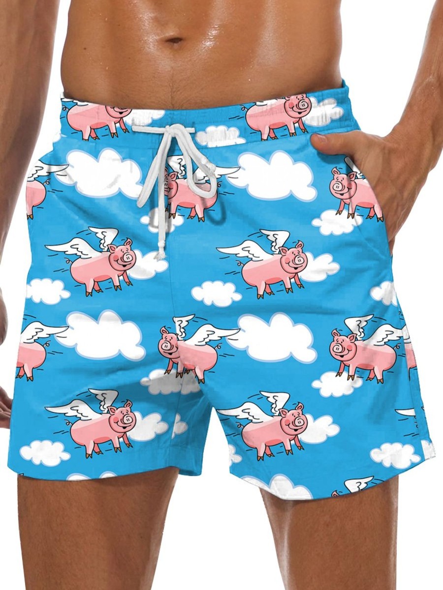 Men DJ Shorts | Cartoon Flying Pig Print Two-Pocket Shorts Blue