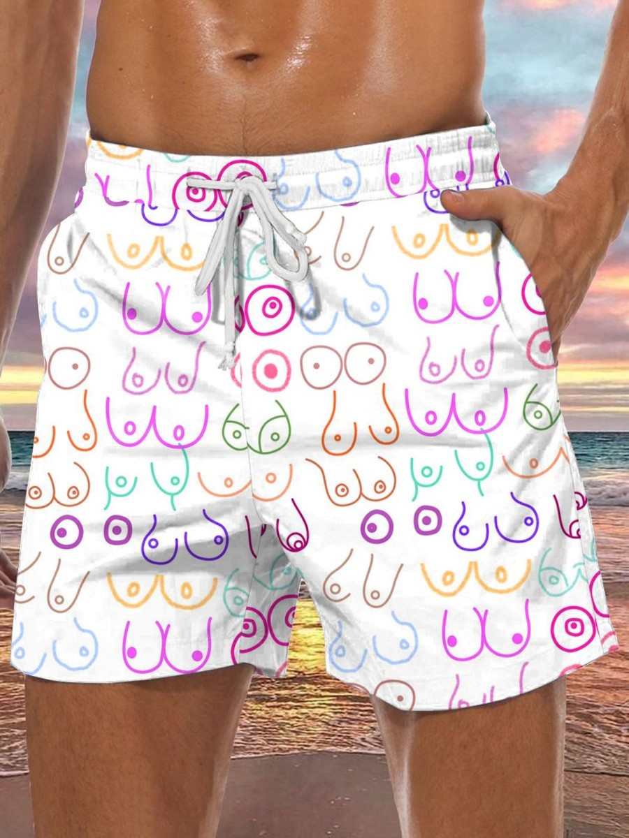 Men DJ Shorts | Colorful Cartoon Breast Print Double Pocket Tie Shorts Photo Color