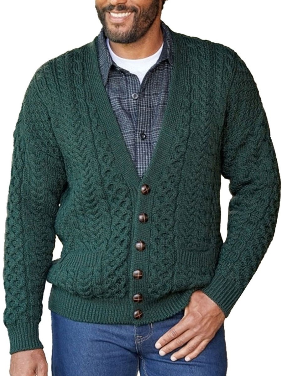 Men BXL Cardigan | Men'S Casual Cable Solid Color Single Breasted Knitted Cardigan Dark Green