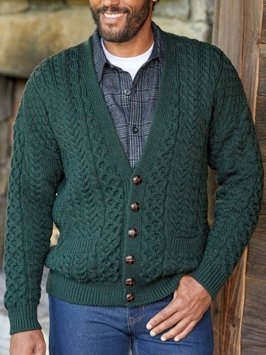 Men BXL Cardigan | Men'S Casual Cable Solid Color Single Breasted Knitted Cardigan Dark Green