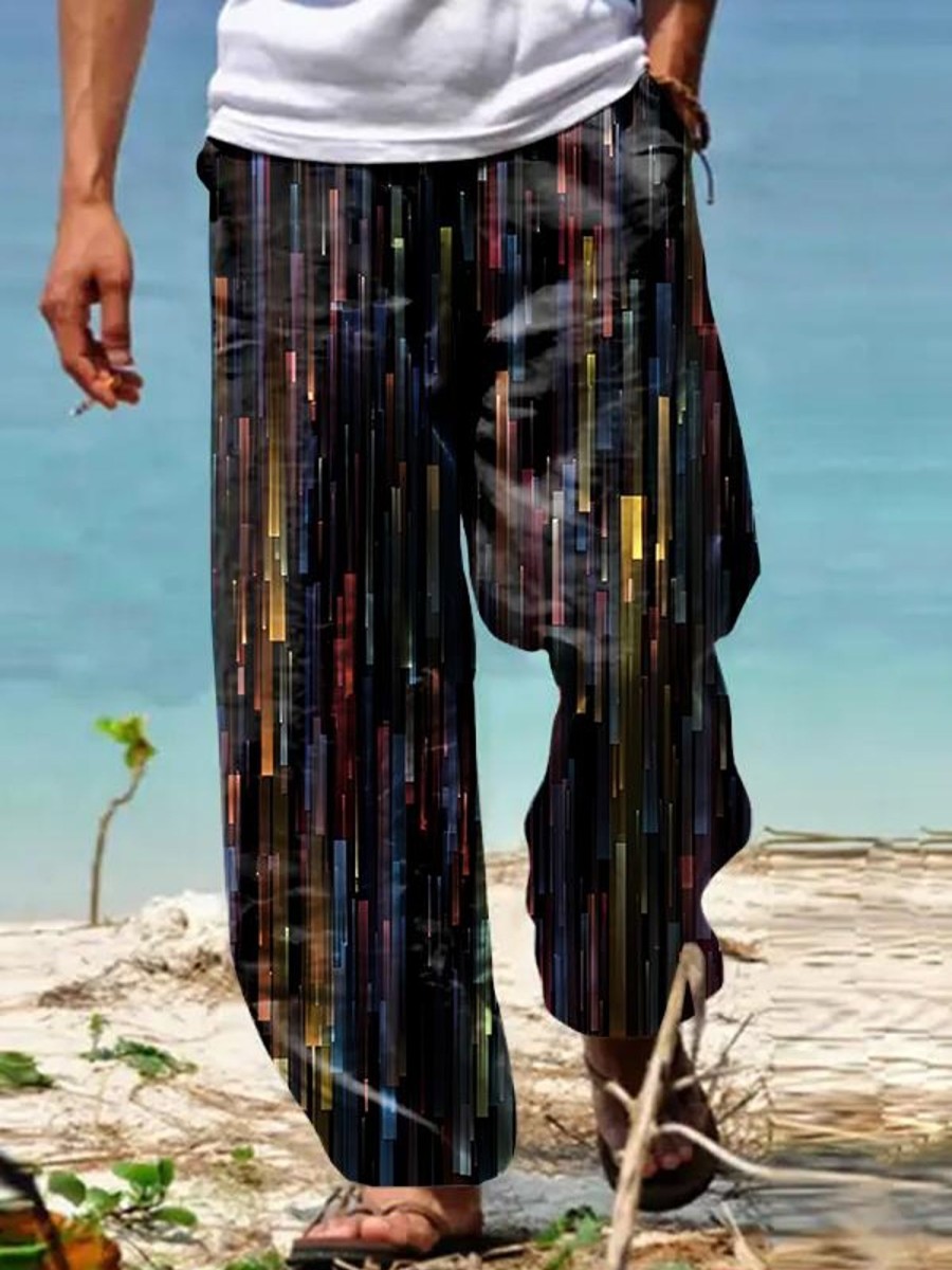 Men GYJ Bottoms | Men'S Bright Vintage Stripe Print Lace-Up Double Pocket Trousers Photo Color