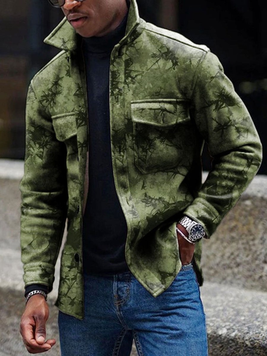 Men DJ Print Jacket | Vintage Camouflage Tie-Dye Printed Corduroy Pocket Lapel Jacket Army Green