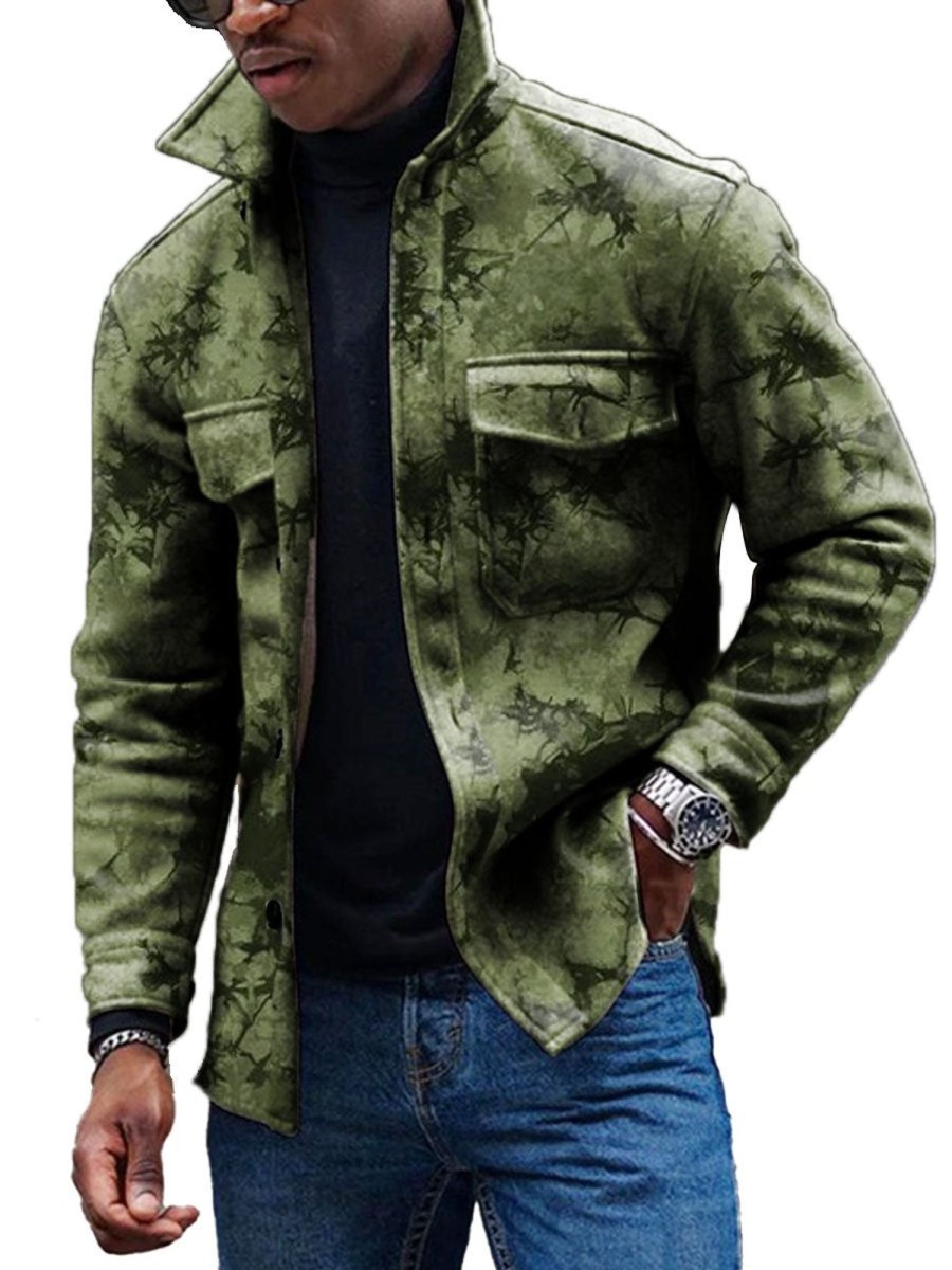 Men DJ Print Jacket | Vintage Camouflage Tie-Dye Printed Corduroy Pocket Lapel Jacket Army Green