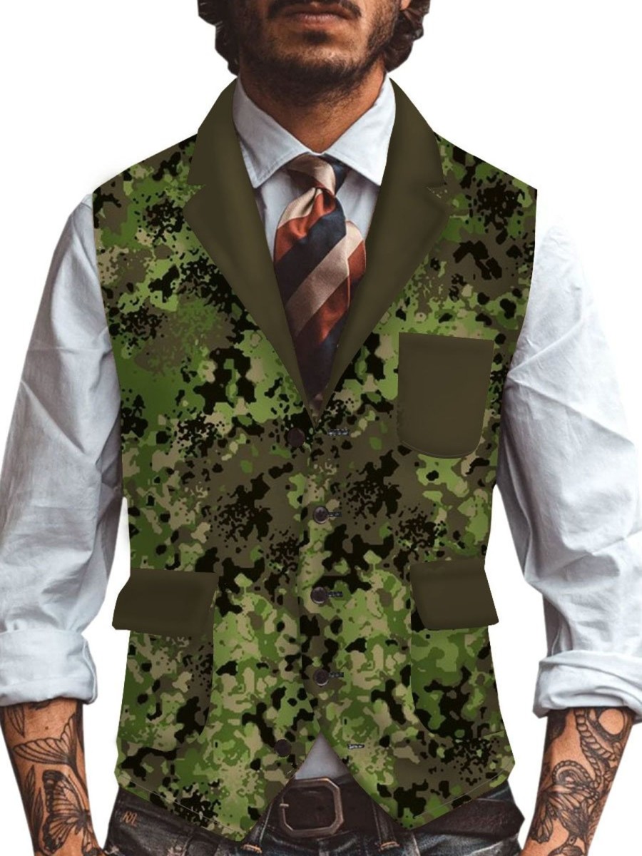 Men DJ Vest | Retro Camouflage Print Three-Pocket Lapel Casual Suit Vest Army Green