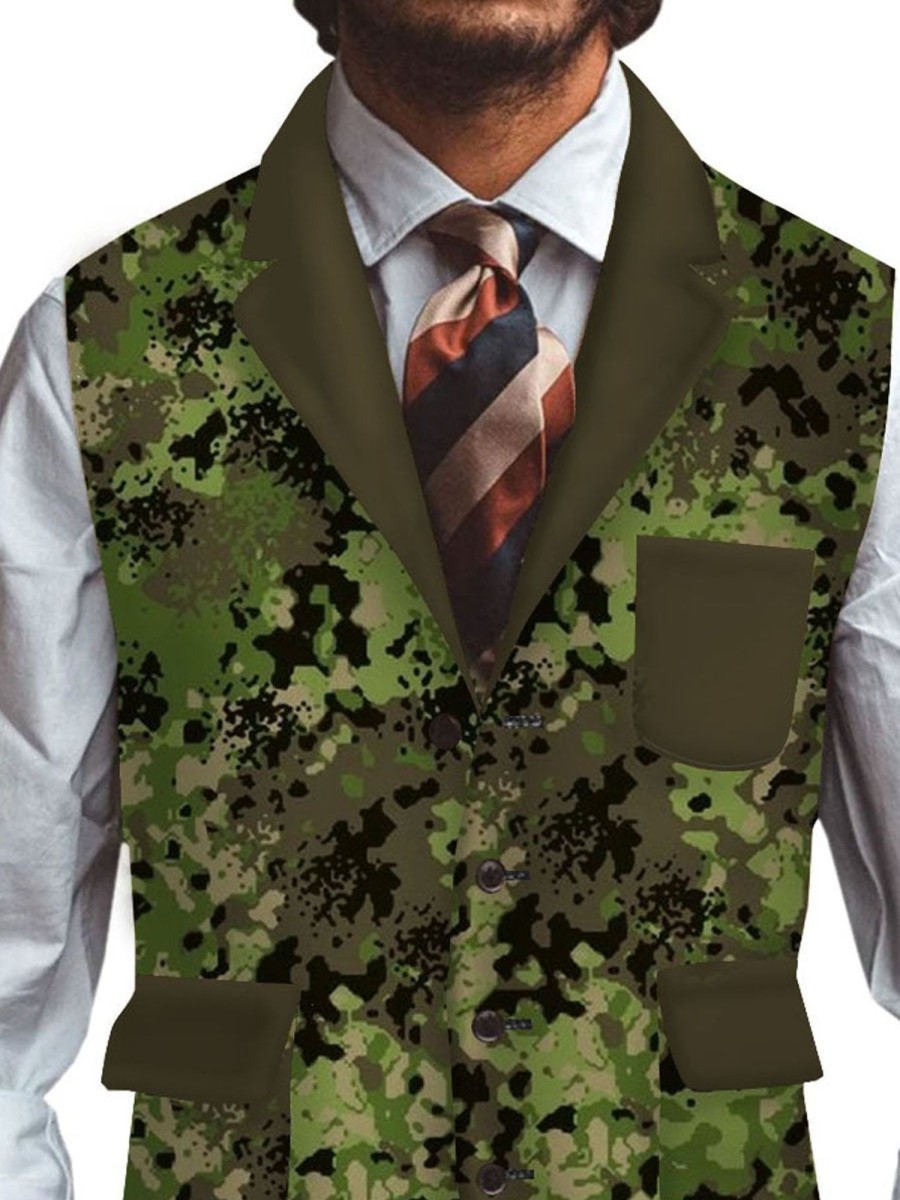 Men DJ Vest | Retro Camouflage Print Three-Pocket Lapel Casual Suit Vest Army Green