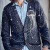 Men DJ Print Cardigan | Deep Jellyfish Starry Sky Print Knitted Cardigan Navy