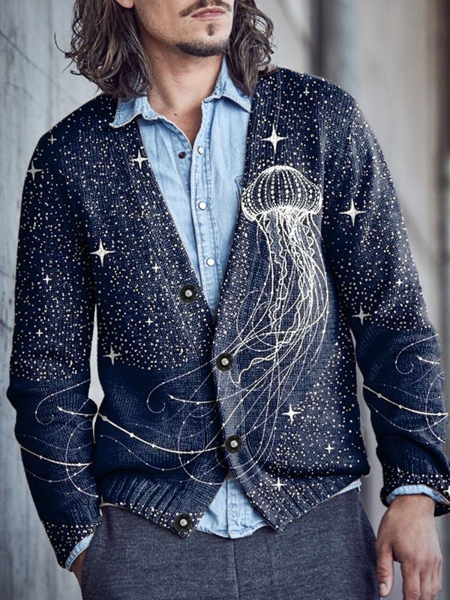 Men DJ Print Cardigan | Deep Jellyfish Starry Sky Print Knitted Cardigan Navy