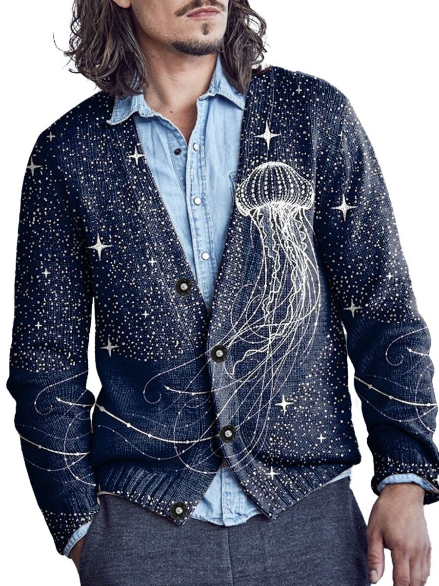 Men DJ Print Cardigan | Deep Jellyfish Starry Sky Print Knitted Cardigan Navy