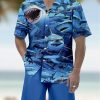 Men DJ Set | Marine Life School Of Sharks Printing Hawaiian Cuban Collar Short Sleeve Shirt Set Blue