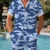 Men BXL Set | Men'S Camo Print Resort Short Sleeve Shirt And Shorts Set Blue