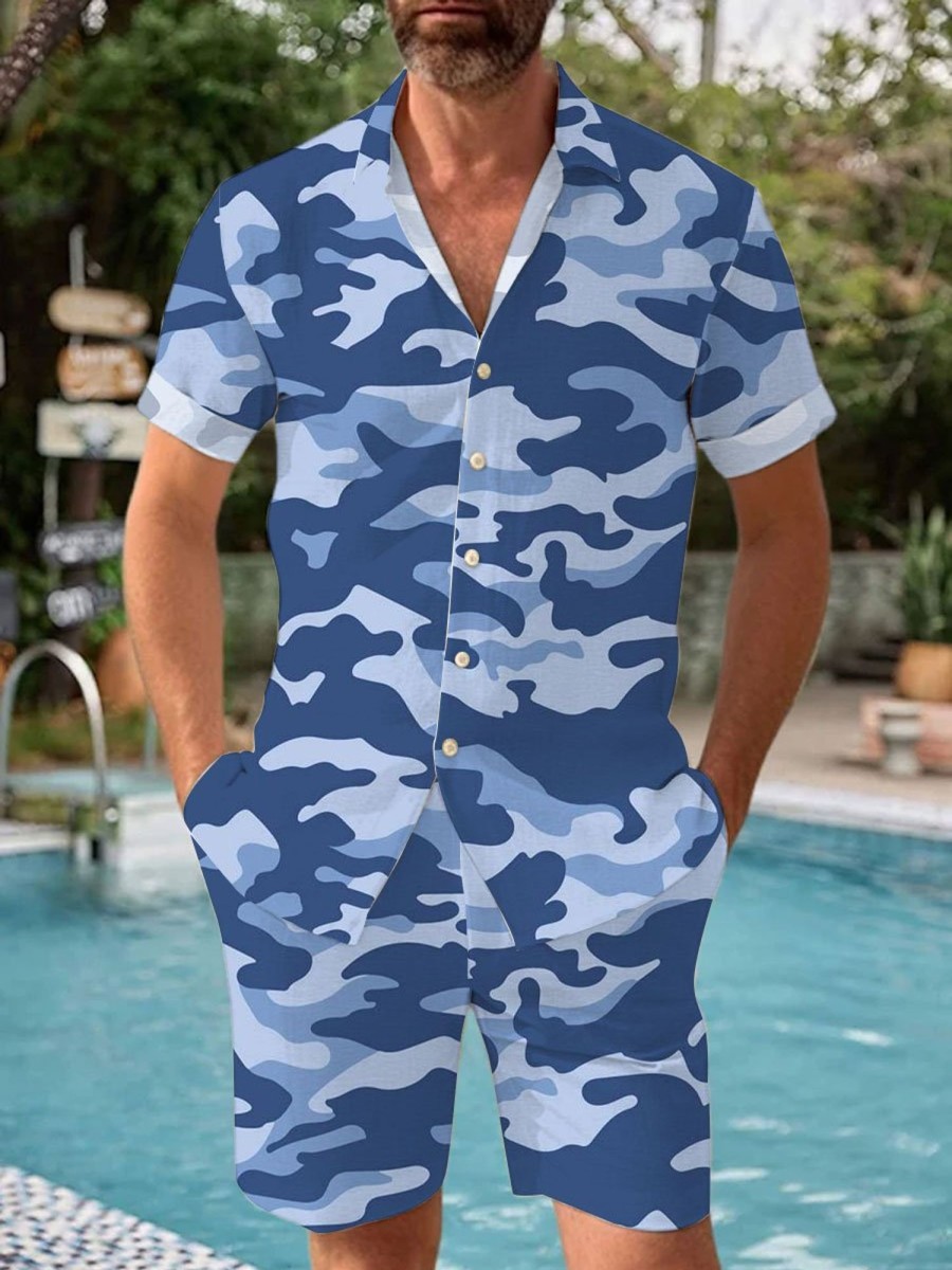 Men BXL Set | Men'S Camo Print Resort Short Sleeve Shirt And Shorts Set Blue