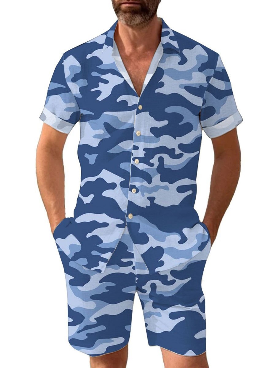 Men BXL Set | Men'S Camo Print Resort Short Sleeve Shirt And Shorts Set Blue