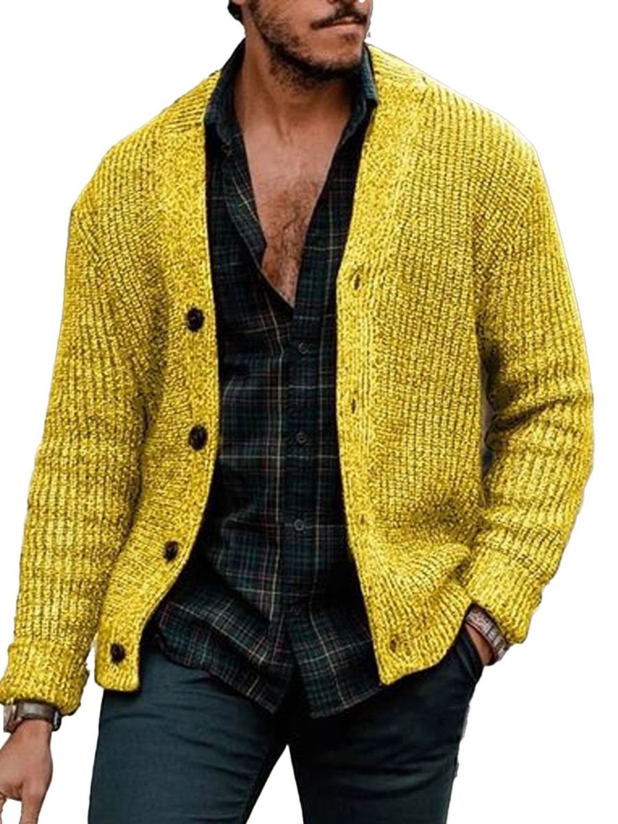 Men DJ Cardigan | Solid Color Casual Single Breasted Knitted Cardigan Yellow