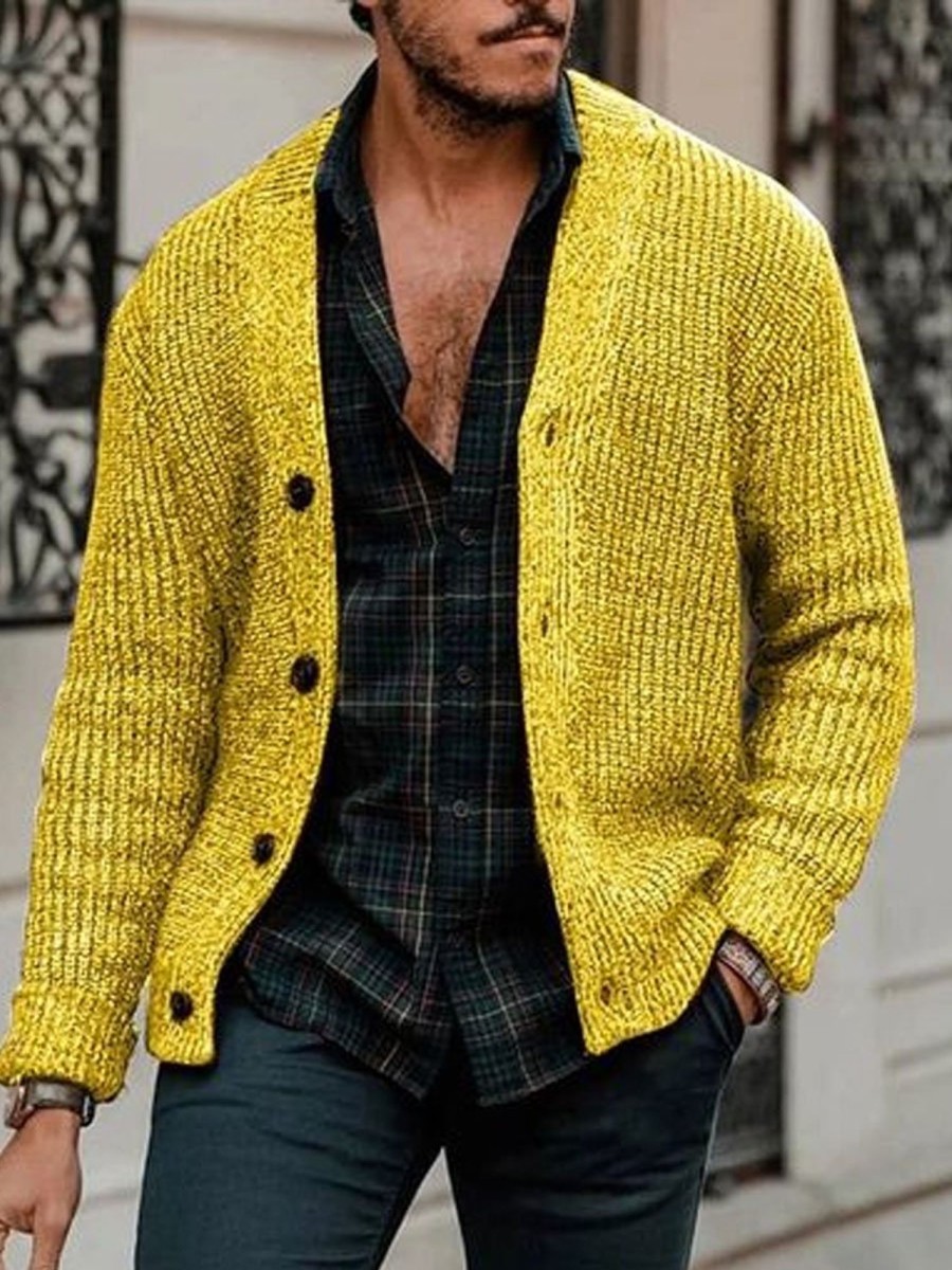 Men DJ Cardigan | Solid Color Casual Single Breasted Knitted Cardigan Yellow