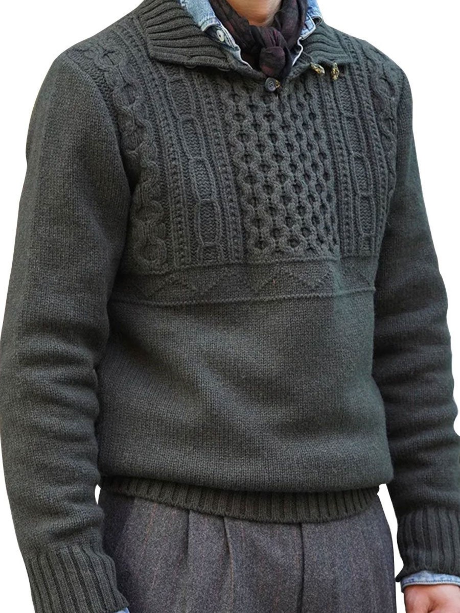 Men BXL Sweater | Men'S Casual Cable Solid Color Polo Collar Knitted Pullover Sweater Gray Green