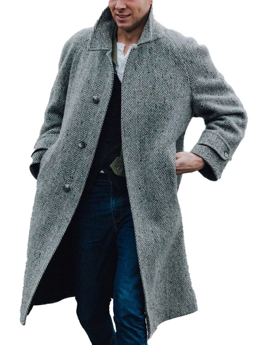 Men DJ Jacket | Classic Single-Breasted Lapel Double Pocket Herringbone Casual Woolen Coat Gray