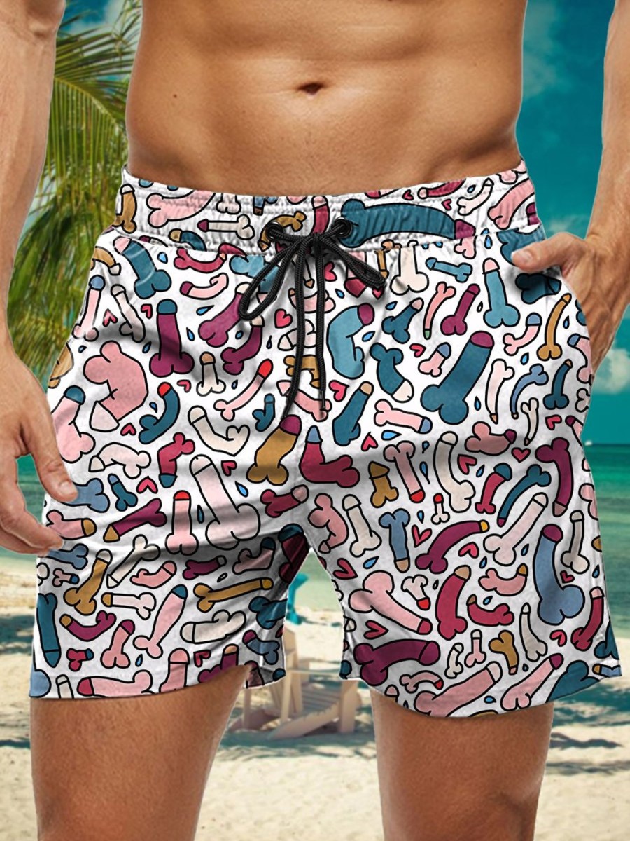 Men HWT Shorts | Men'S Shorts Funny Colorful Cocks Print Beach Shorts Multicolor