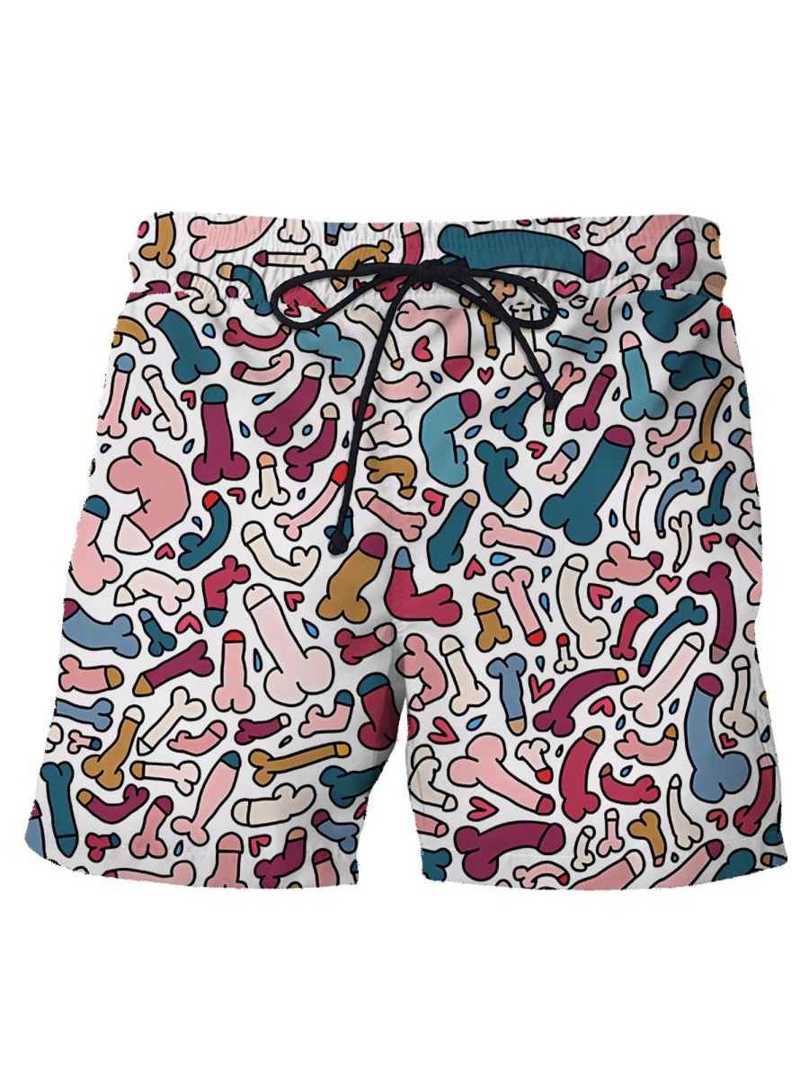 Men HWT Shorts | Men'S Shorts Funny Colorful Cocks Print Beach Shorts Multicolor