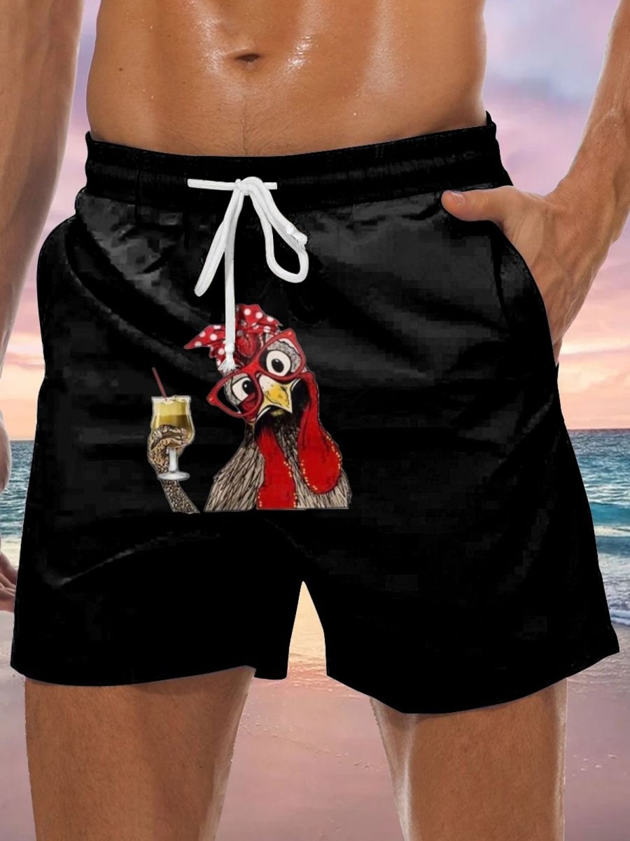 Men GYJ Bottoms | Men'S Cocktail Rooster Print Lounge Shorts Black