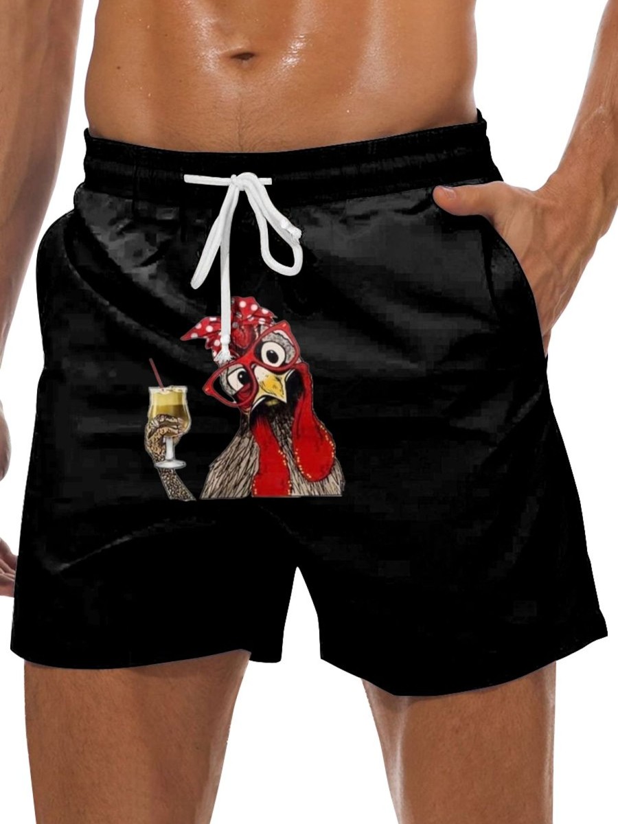 Men GYJ Bottoms | Men'S Cocktail Rooster Print Lounge Shorts Black