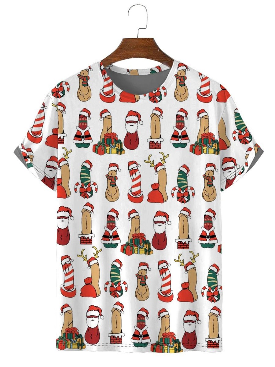 Men DJ T-Shirts | Fun Christmas Cocks Toy Print Casual Round Neck Short Sleeve T-Shirt