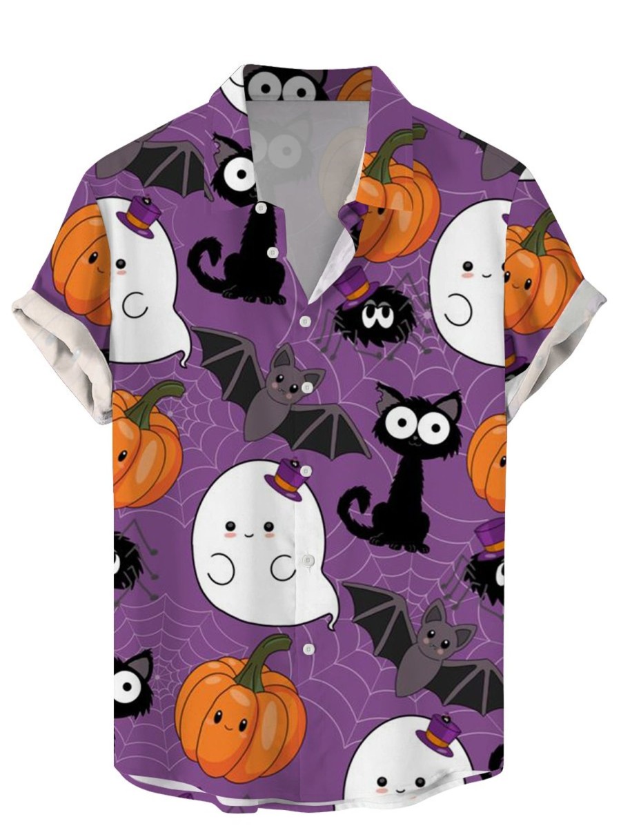 Men LJC Shirts | Pumpkin Bat Print Casual Short Sleeve Shirt Photo Color