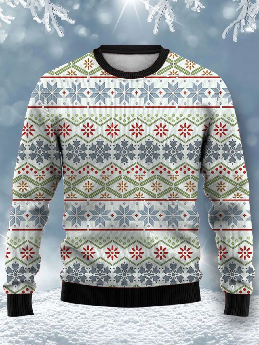 Men GYJ Ugly Sweater | Snowflake Geometric Stripe Crewneck Sweatshirt White