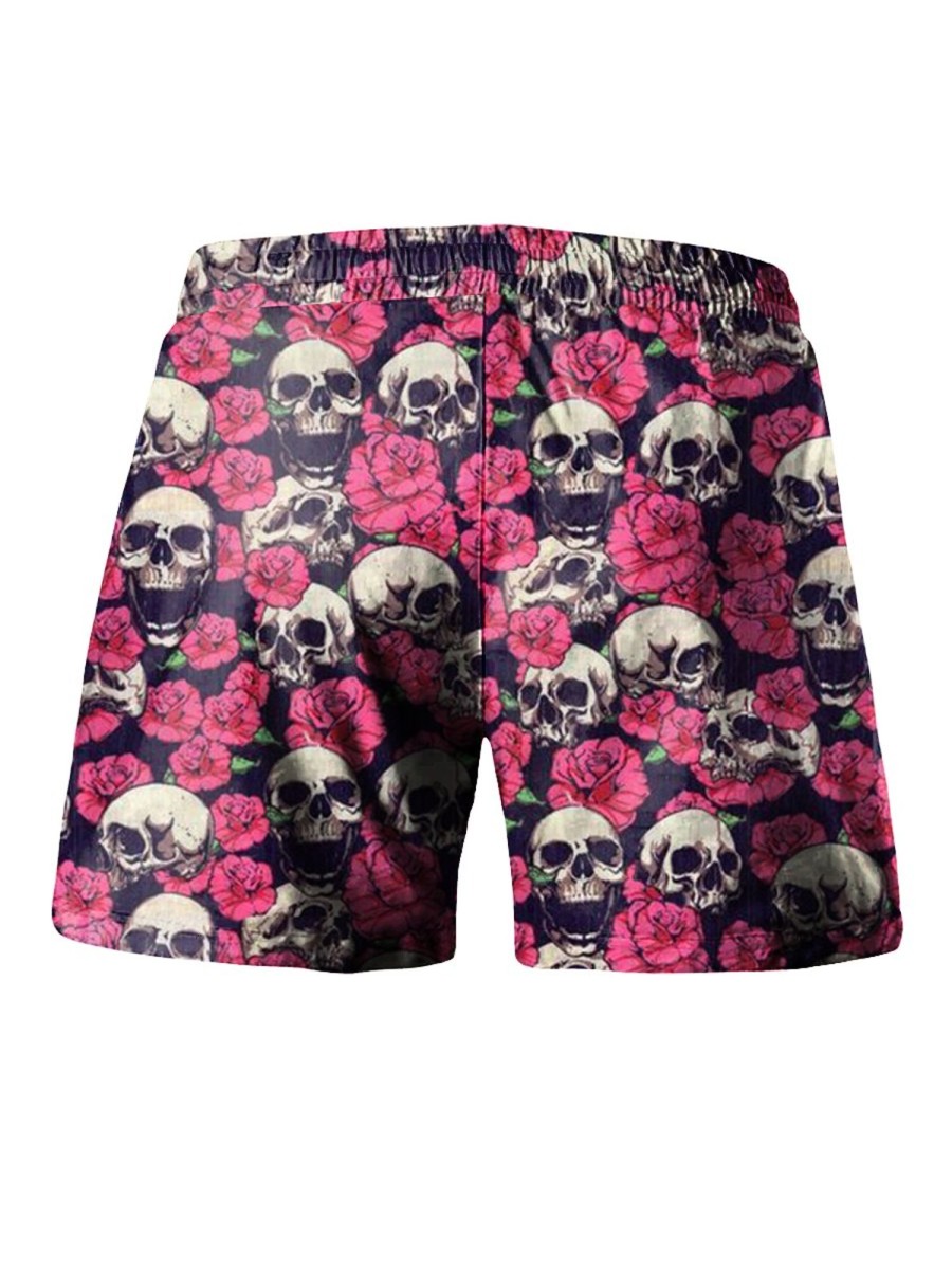 Men LJC Bottoms | Skull Rose Print Hawaiian Track Shorts Photo Color