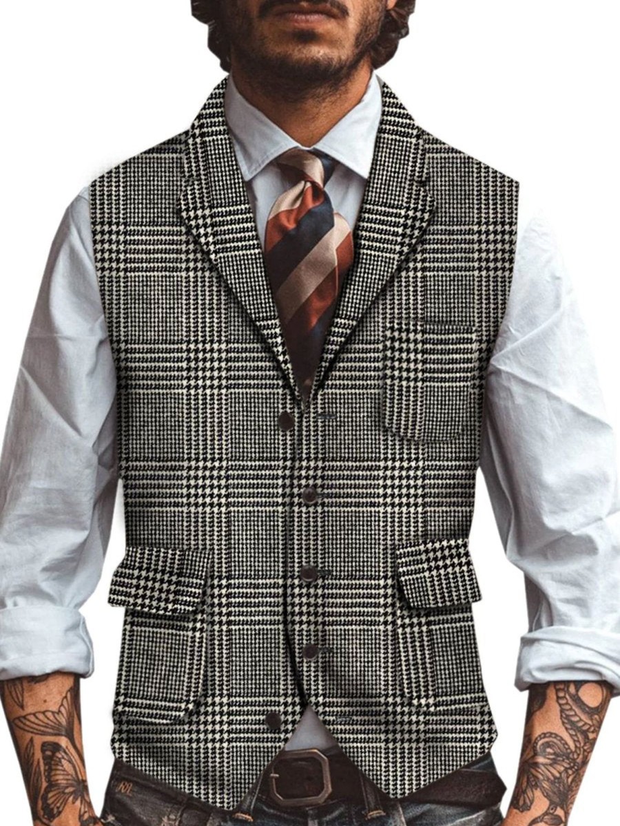 Men QMY Vest | Retro Classic Plaid Print Vest Photo Color