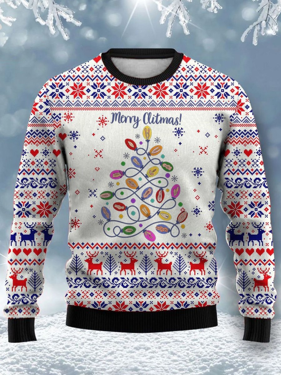 Men GYJ Ugly Sweater | Men'S Cartoon Christmas Tree Print Crewneck Sweatshirt White