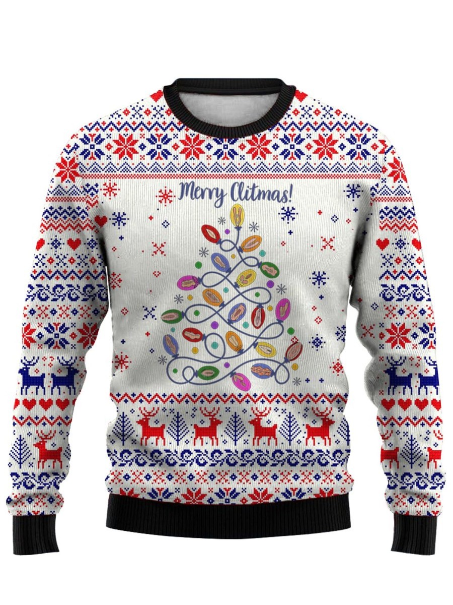 Men GYJ Ugly Sweater | Men'S Cartoon Christmas Tree Print Crewneck Sweatshirt White