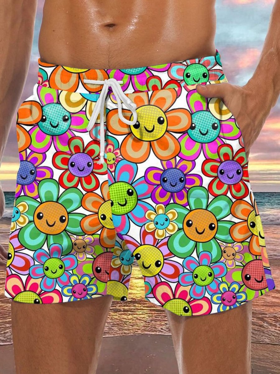 Men GYJ Bottoms | Colorful Smiley Floral Print Track Shorts