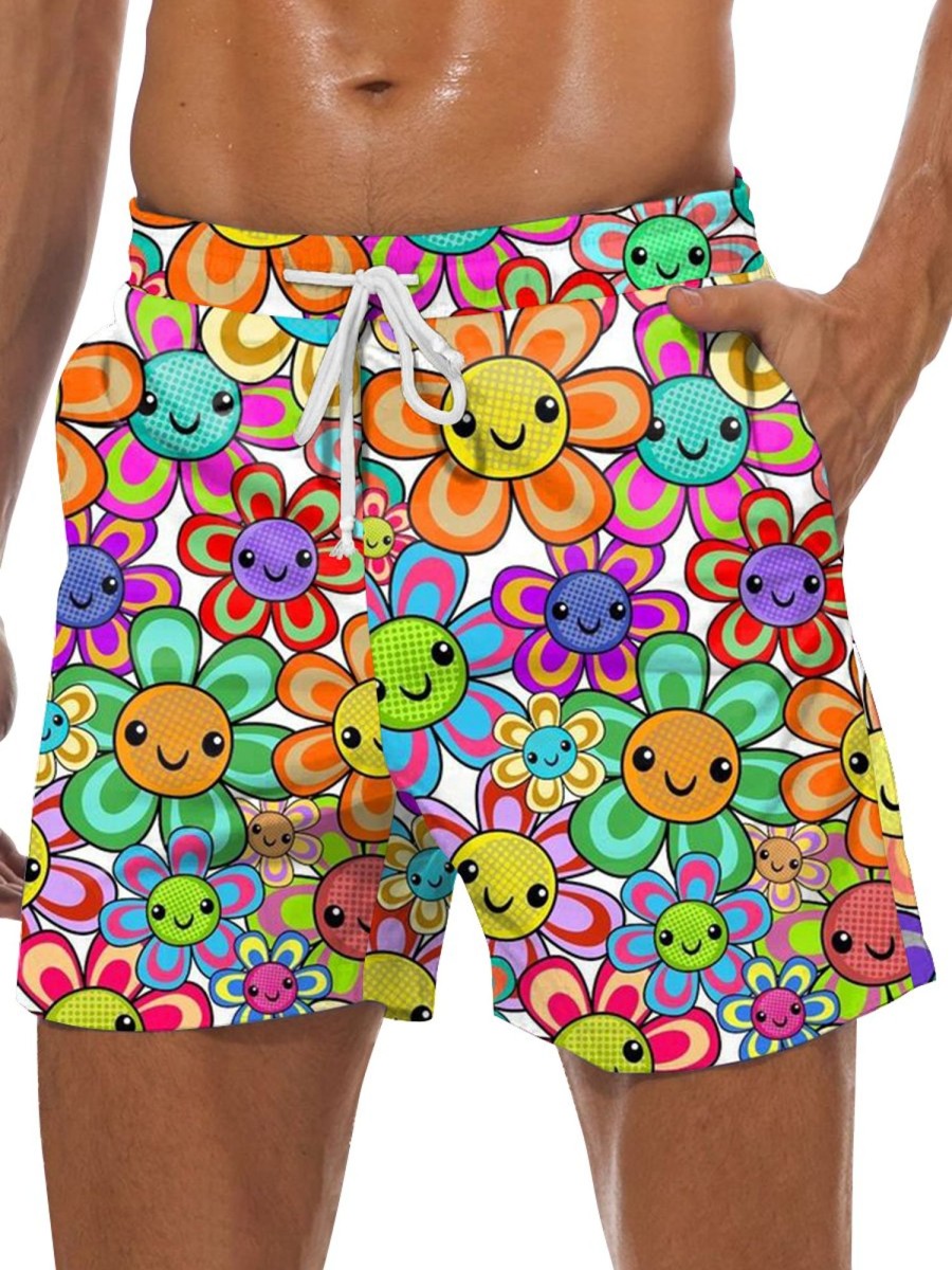 Men GYJ Bottoms | Colorful Smiley Floral Print Track Shorts