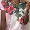 Women DJ | Round Neck Summer Watercolor Floral Print Casual Short Sleeve T-Shirt Pink