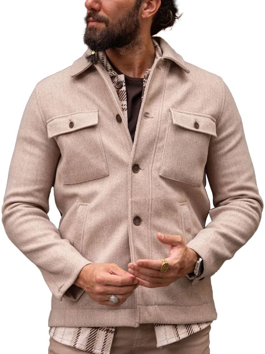 Men BXL Jacket | Men'S Solid Color Woolen Multi-Pocket Casual Coat Apricot