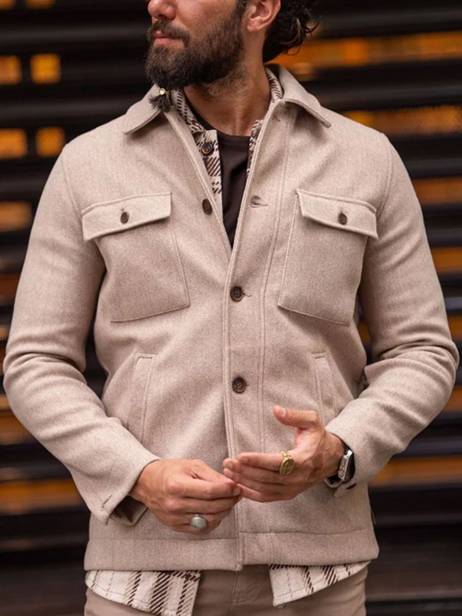 Men BXL Jacket | Men'S Solid Color Woolen Multi-Pocket Casual Coat Apricot