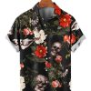 Men HLJ Shirts | Men'S Hawaiian Character Skull Floral Short Sleeve Shirt Black