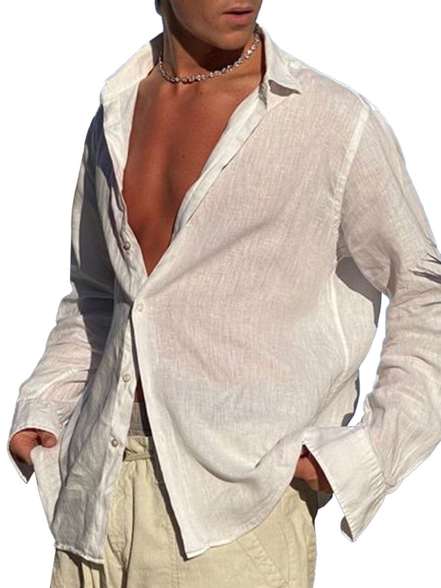 Men DJ Casual Shirts | Solid Color Versatile Casual Long Sleeve Shirt White