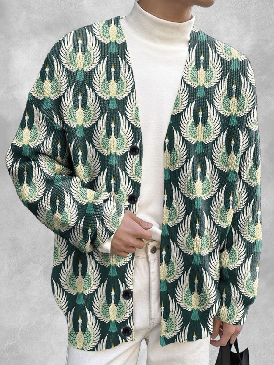 Men DJ Print Cardigan | Retro Bird Print Casual Knitted Cardigan Dark Green