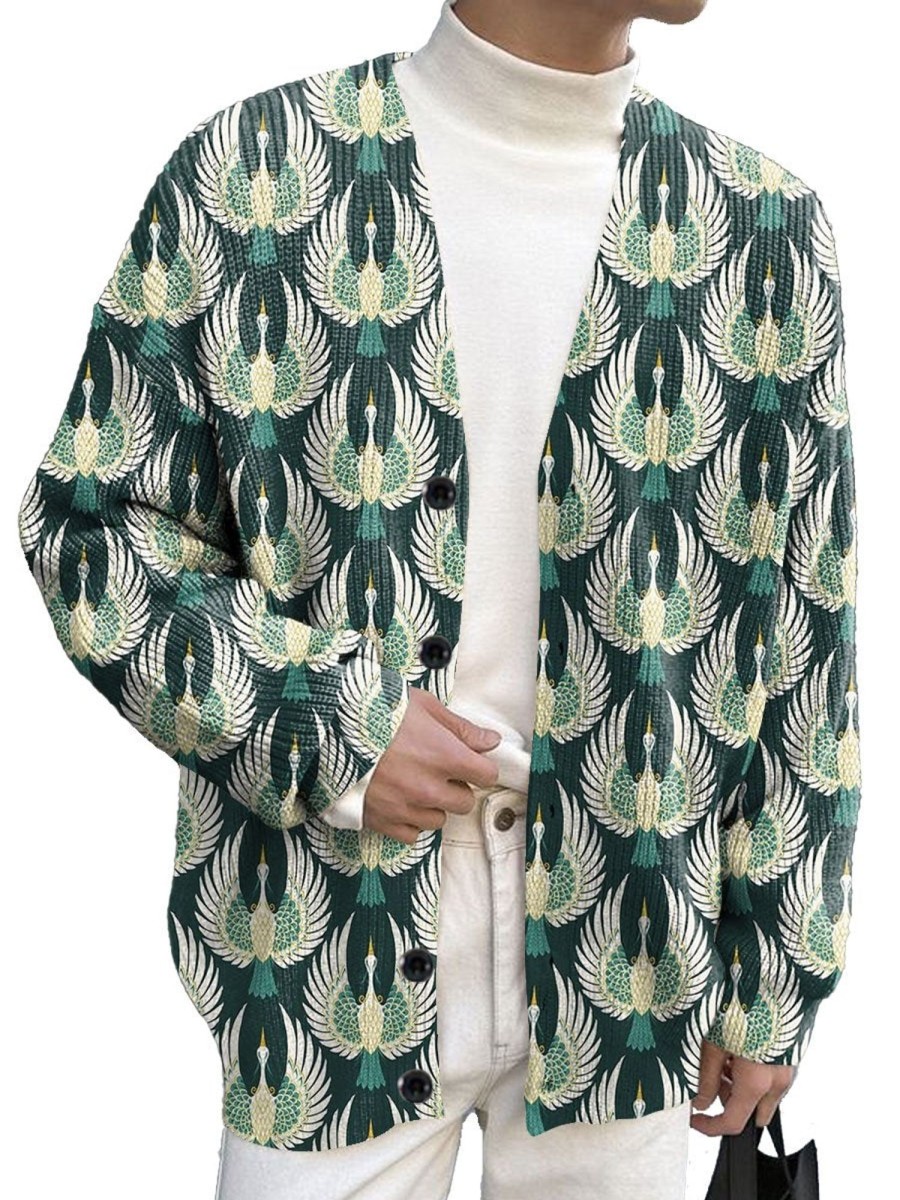 Men DJ Print Cardigan | Retro Bird Print Casual Knitted Cardigan Dark Green