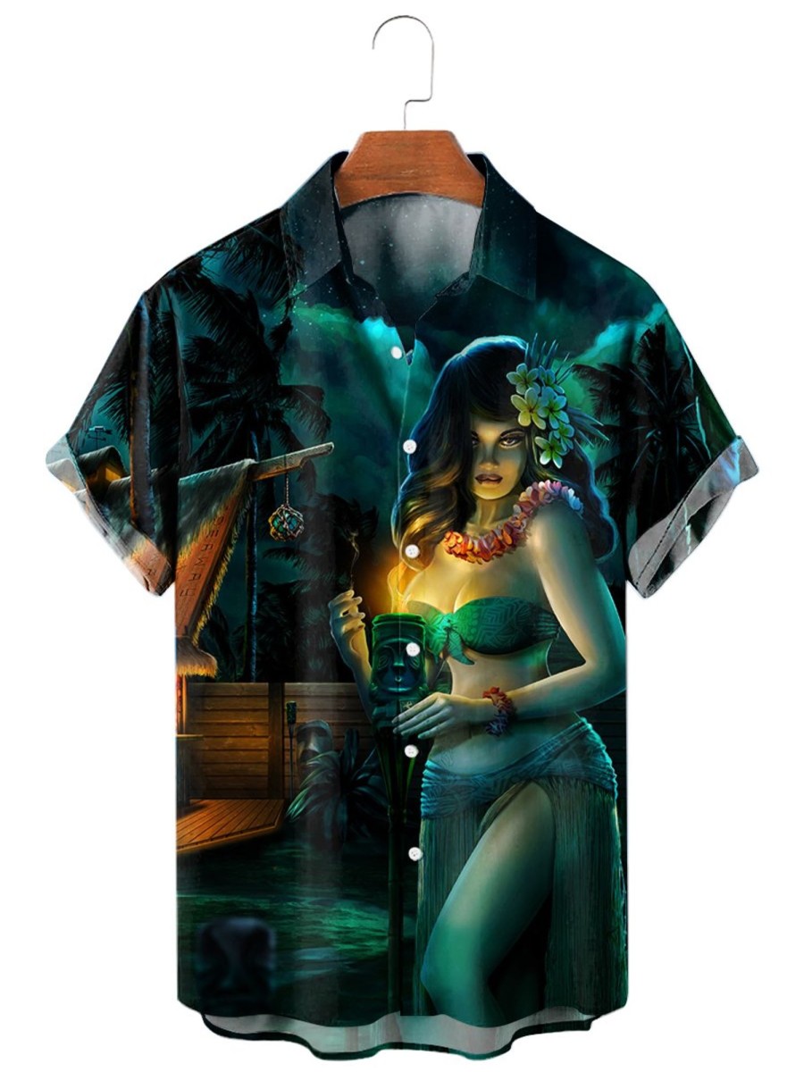 Men HLJ Shirts | Men'S Hawaiian "Secret Opening Night" Short Sleeve Shirt Dark Green