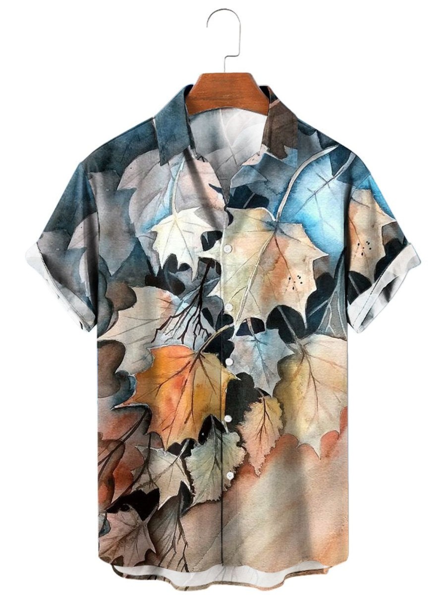 Men HLJ Shirts | Watercolor Autumn Leaf Print Short-Sleeved Shirt Photo Color