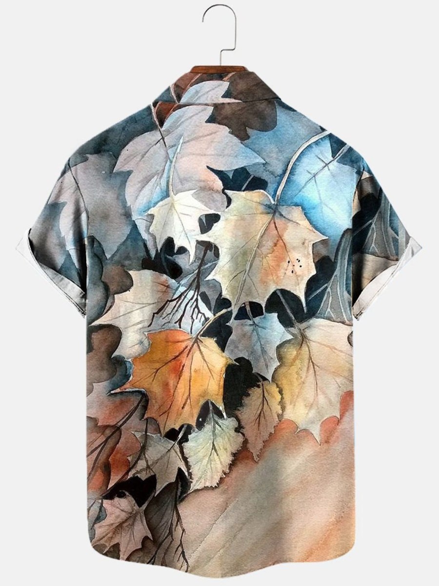 Men HLJ Shirts | Watercolor Autumn Leaf Print Short-Sleeved Shirt Photo Color