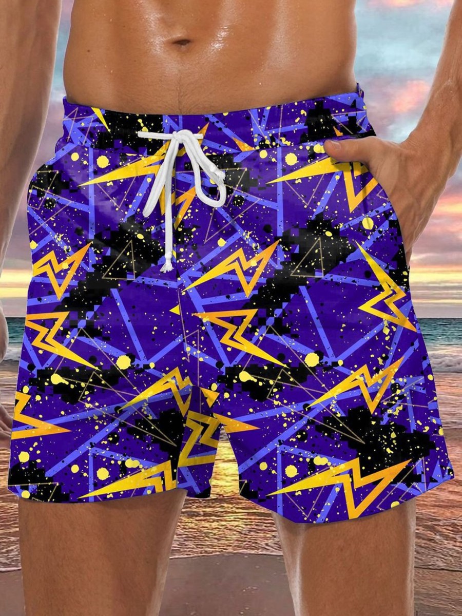 Men GYJ Bottoms | Bright Lightning Print Casual Shorts Purple